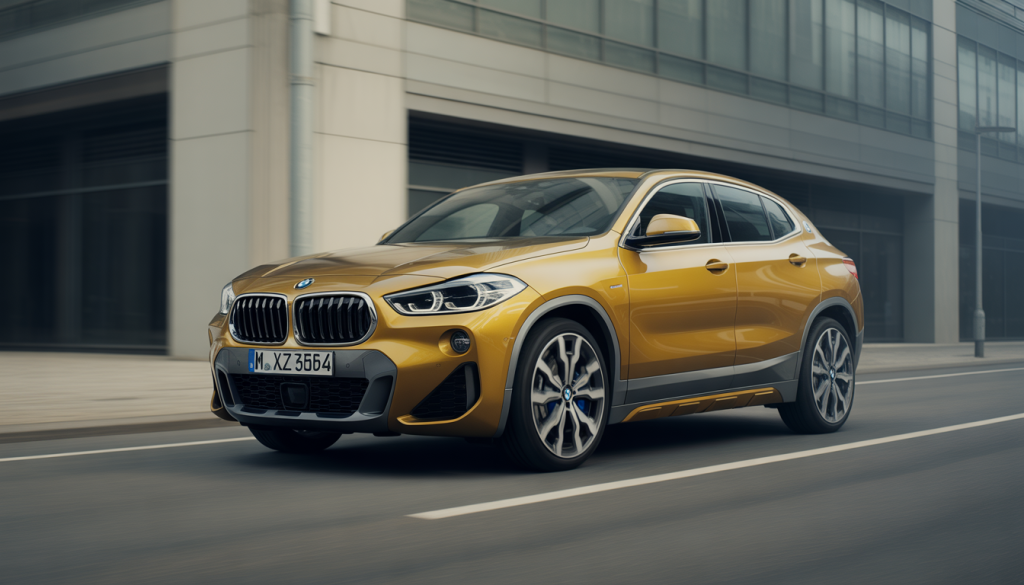 BMW X2 crossover vu sous un angle dynamique en ville