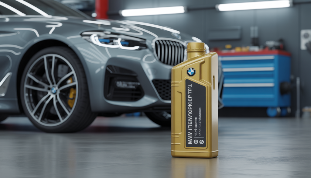 Bouteille d'huile BMW TwinPower Turbo à côté d'un moteur BMW