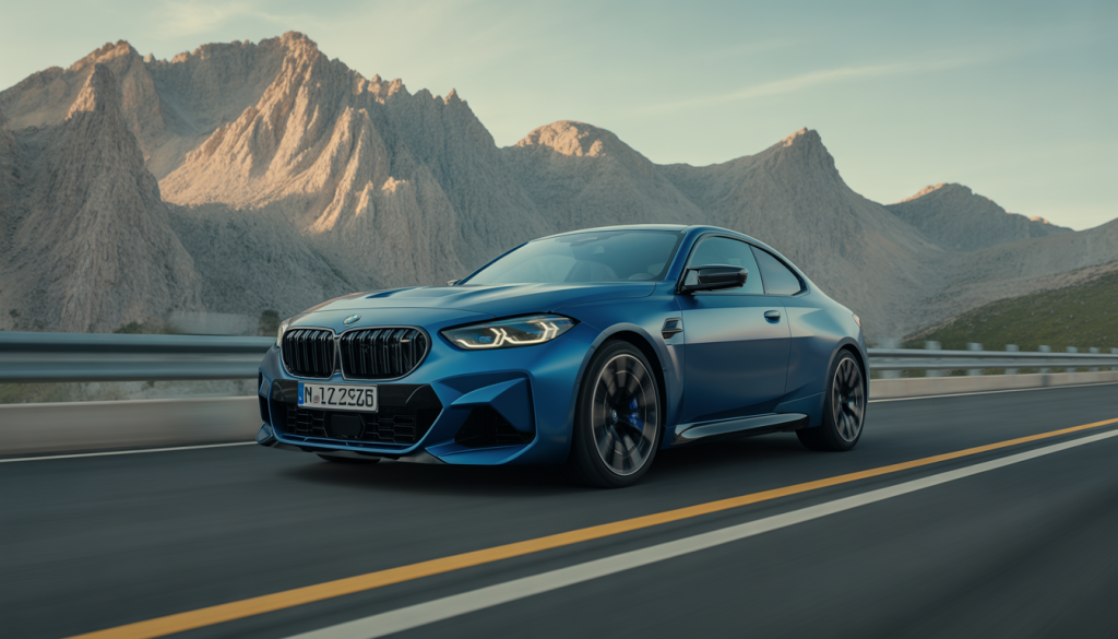 BMW M2 2025 photographiée sur une route de montagne, vue dynamique