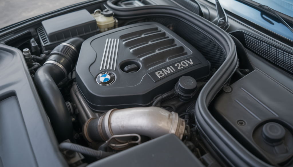 Gros plan du moteur BMW 20d 190 CV avec pompe à injection et turbo