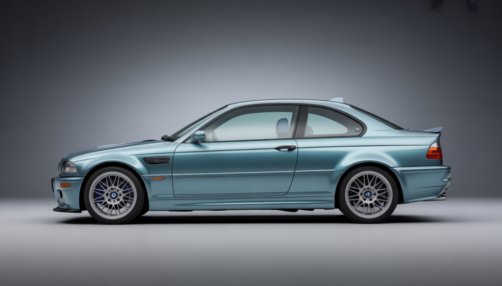 Vue latérale d'une BMW M3 E46 avec ailes élargies et détails sportifs