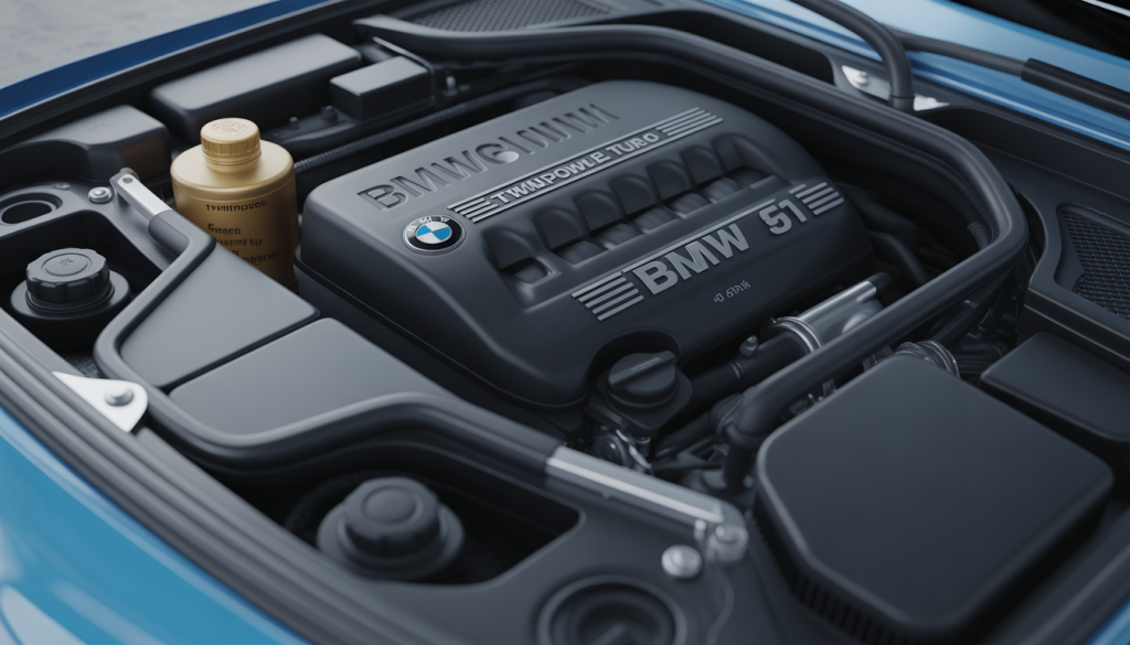 BMW Série 1 : l'Utilisation de l'Huile Moteur 20 Gros plan du moteur BMW Série 1 avec flacon d’huile TwinPower Turbo