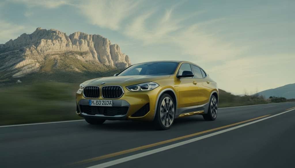BMW X2 : Un Aperçu Détaillé 4 BMW X2 roulant sur une route pittoresque avec phares LED allumés