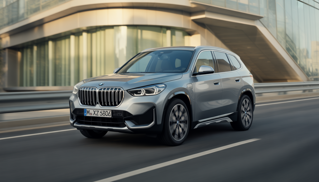 BMW X1 SUV sur route urbaine avec calandre double et phares LED