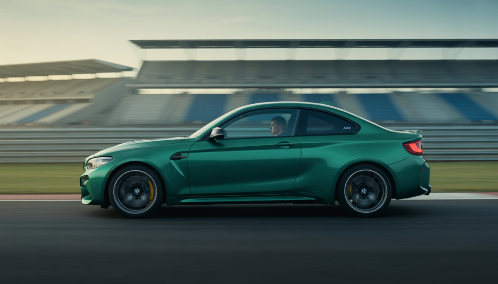 BMW M2 Coupé photographiée sur circuit avec flou de mouvement