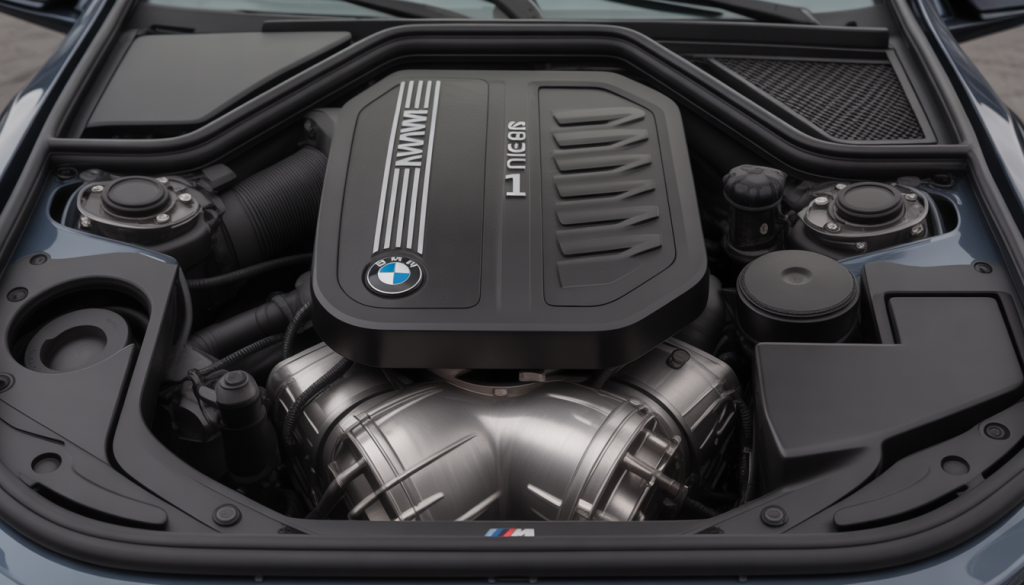 Gros plan sur le moteur quatre cylindres d'une BMW Série 1, technologie avancée et composants métalliques