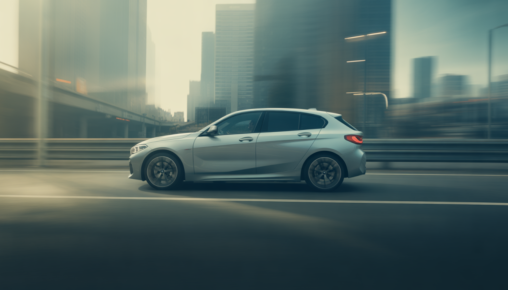 BMW Série 1 moderne avec effets de flou en mouvement sur une route sinueuse urbaine