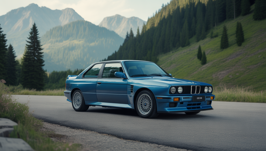 BMW M3 E30 des années 80 garée sur une route de montagne