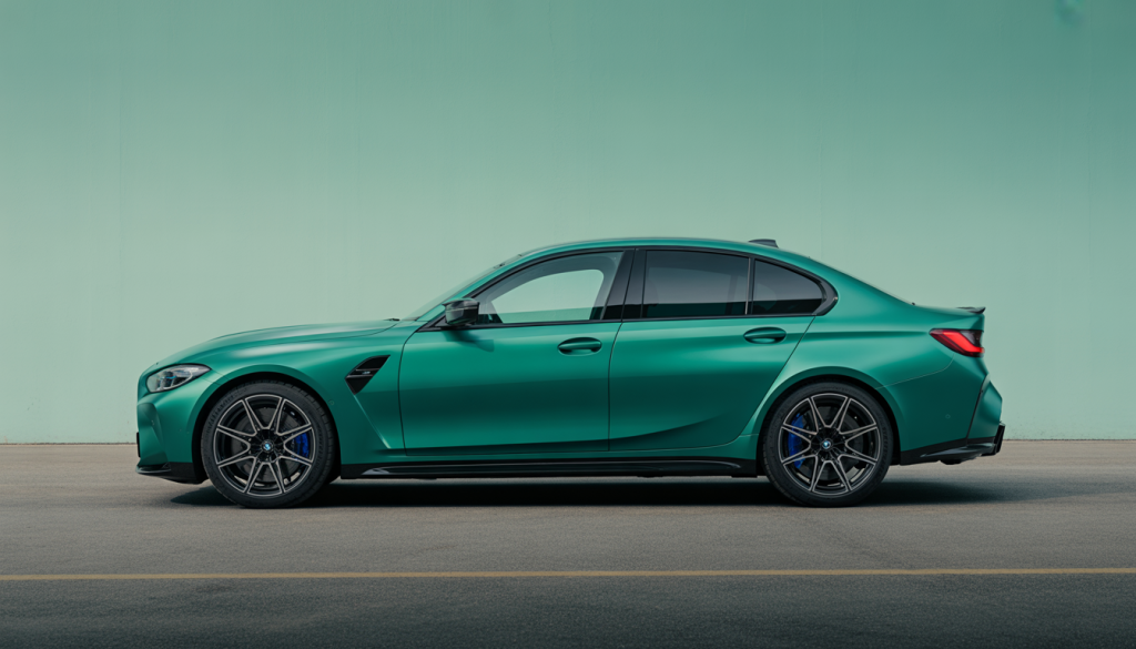 BMW M3 : Un Résumé Détaillé 8 Dynamic side view of BMW M3 2025 with athletic lines, alloy wheels, quadruple exhausts