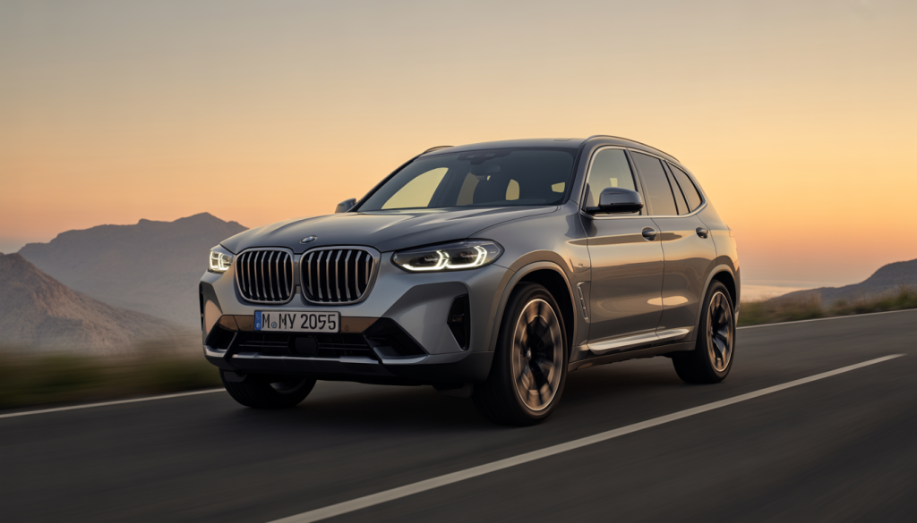 BMW X3 : Les Points Clés, les Dernières Tendances et les Statistiques 3 BMW X3 2025 sur une route de montagne au coucher du soleil, vue dynamique
