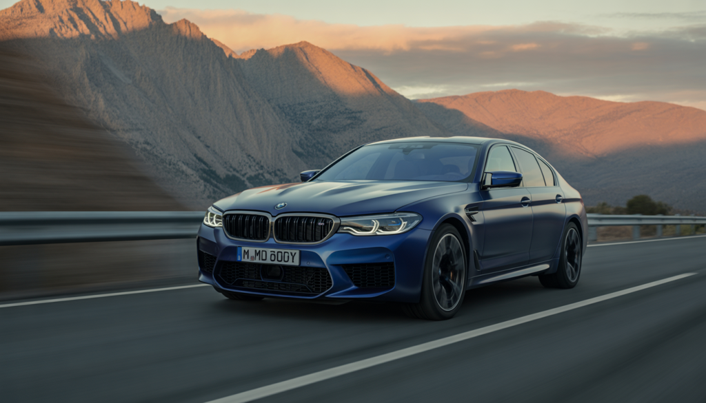 BMW M5 : Un Résumé Détaillé 19 BMW M5 roulant sur une route de montagne au coucher du soleil
