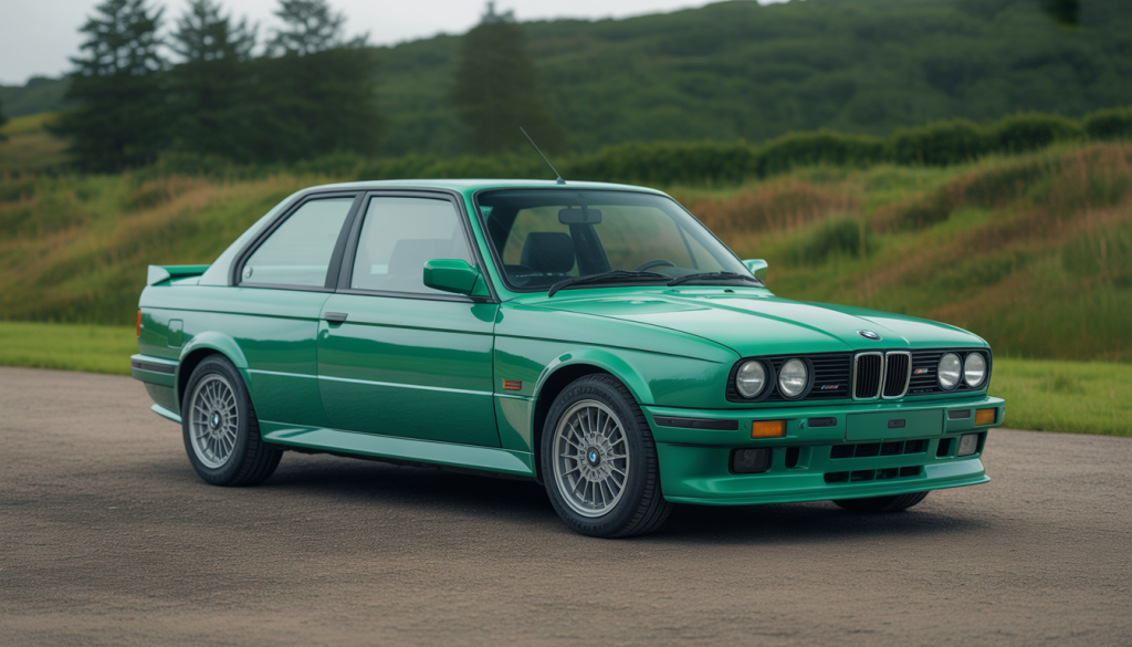 BMW E30 : Un Classique Modernisé 15 BMW E30 vert Isle of Man avec pare-chocs M3 Evo et finition brillante