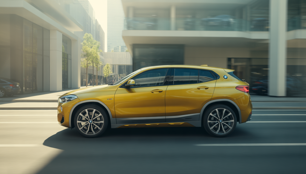 BMW Occasion: Points Clés, Tendances, Statistiques et Exemples 14 BMW X2 d’occasion sur route urbaine avec arrière-plan flou et autres modèles BMW en exposition