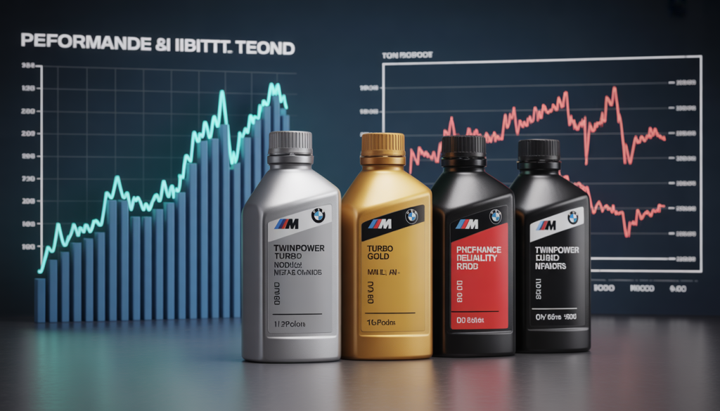 BMW Huile Moteur : Les Points Clés, Tendances et Statistiques 15 Bouteilles d'huile moteur BMW TwinPower Turbo Silver, Gold et M Red avec graphiques de performances et fiabilité