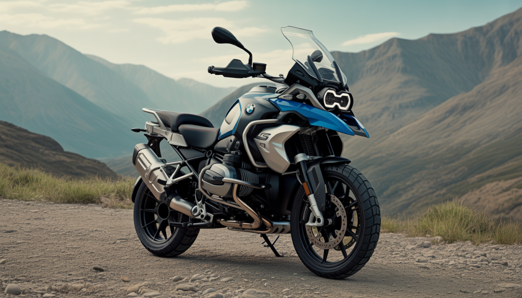 Moto BMW R 1300 GS dans un décor montagneux, style photoréaliste