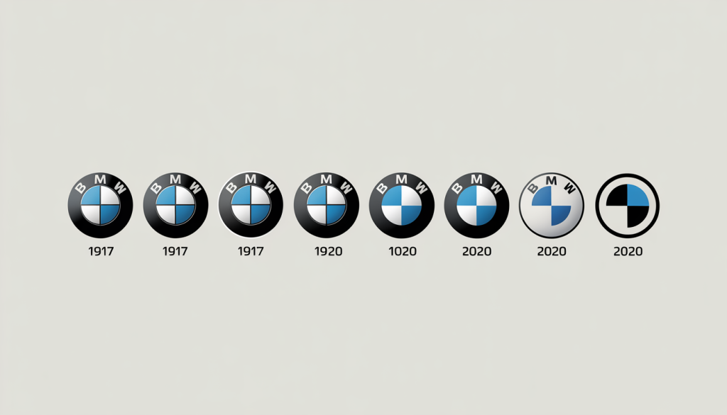 Alignement chronologique des logos BMW de 1917 à 2020 sur fond neutre