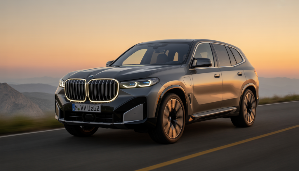 BMW XM SUV sur route de montagne au coucher du soleil avec calandre LED allumée