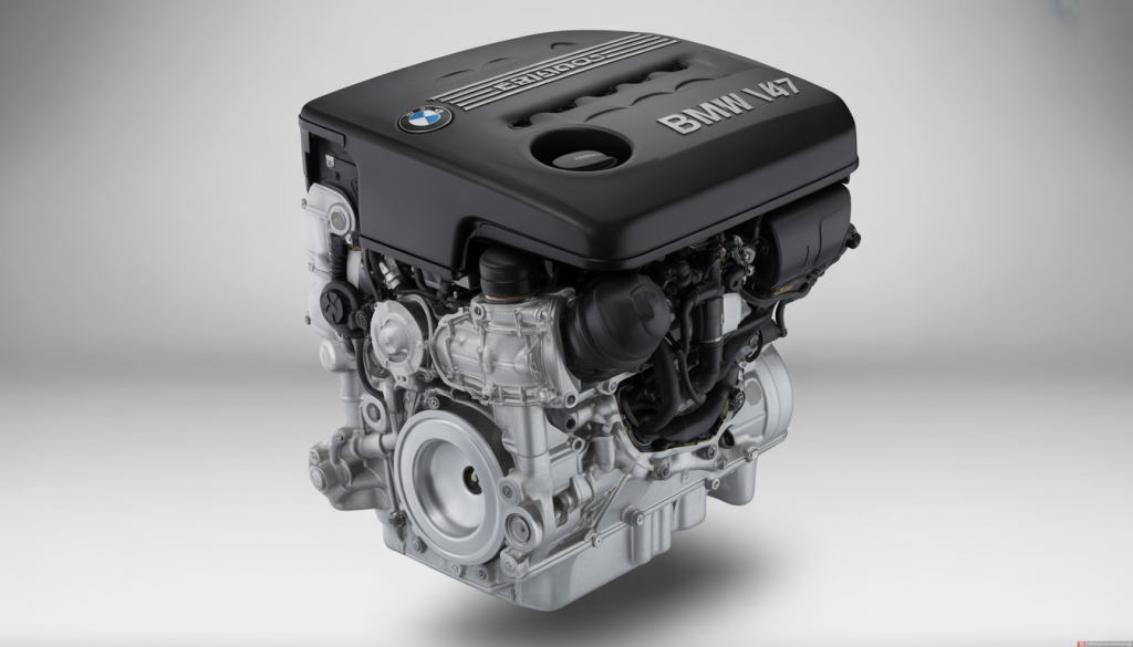 Vue détaillée du moteur diesel BMW N47 2.0L avec chaîne de distribution arrière et injection common-rail