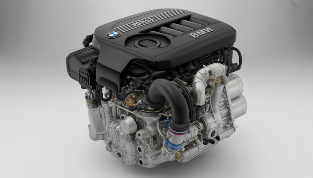 Gros plan photoréaliste du moteur diesel BMW M57 avec turbo à géométrie variable et injection Common Rail