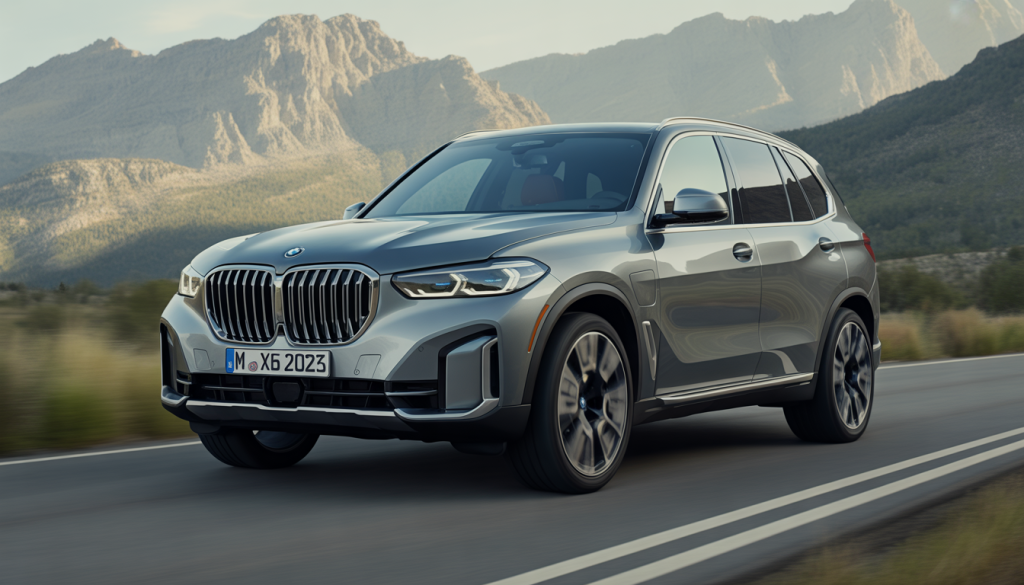 BMW X5 : Les Points Clés, Dernières Tendances et Statistiques 2 BMW X5 2025 hybride sur route de montagne, vue photoréaliste