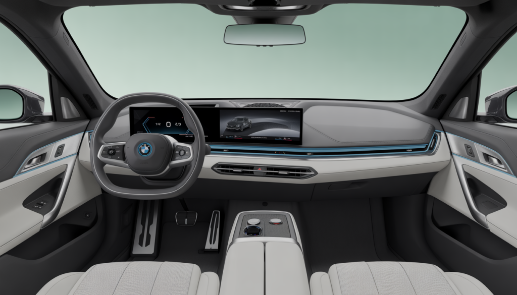 BMW Électrique : Les Points Clés, les Dernières Tendances et les Statistiques 13 Intérieur d'une BMW électrique moderne avec tableau de bord minimaliste et affichage tête haute 3D