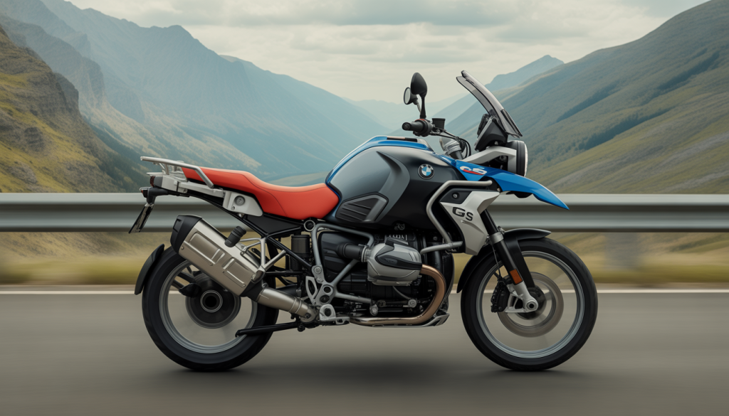 Moto BMW R 1300 GS 2025 sur route de montagne, vue dynamique