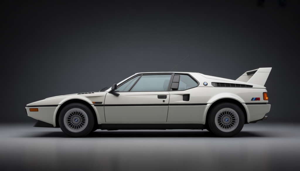 Vue latérale de la BMW M1 avec phares escamotables et moteur visible