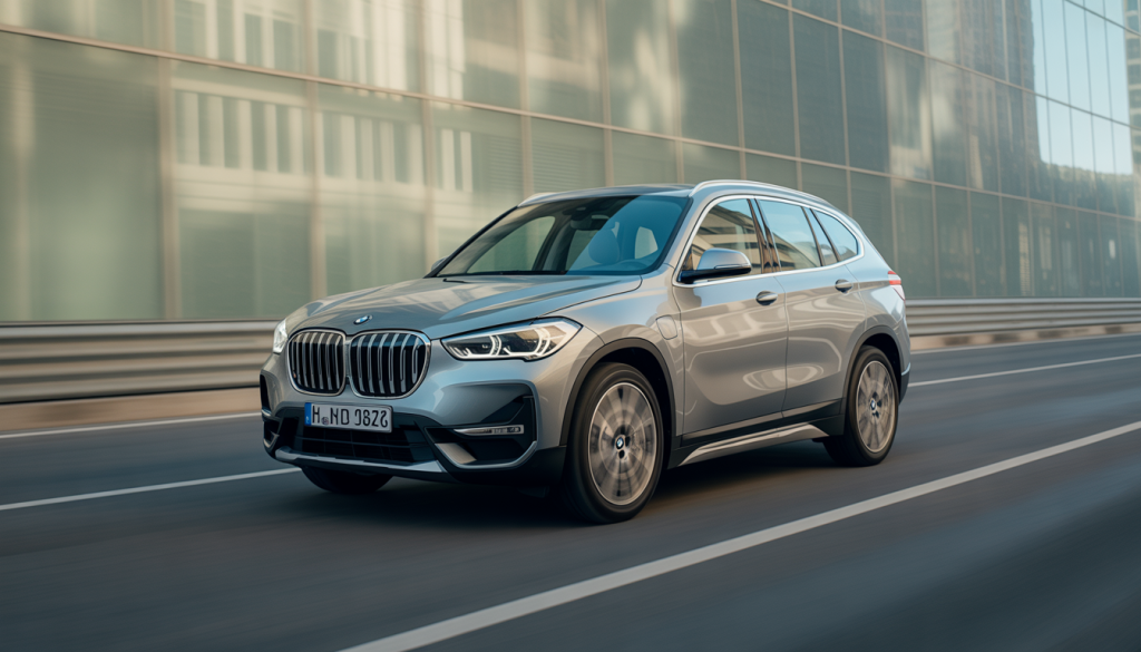 BMW X1 d’occasion roulant en ville, design élégant et vitres transparentes