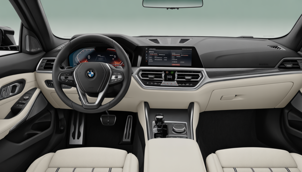 Vue rapprochée du tableau de bord numérique d'une BMW Série 3 moderne avec éclairage naturel