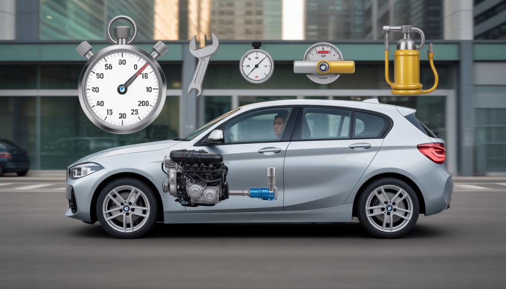 Vue en coupe du moteur 3 cylindres BMW 118i avec F40 en arrière-plan urbain