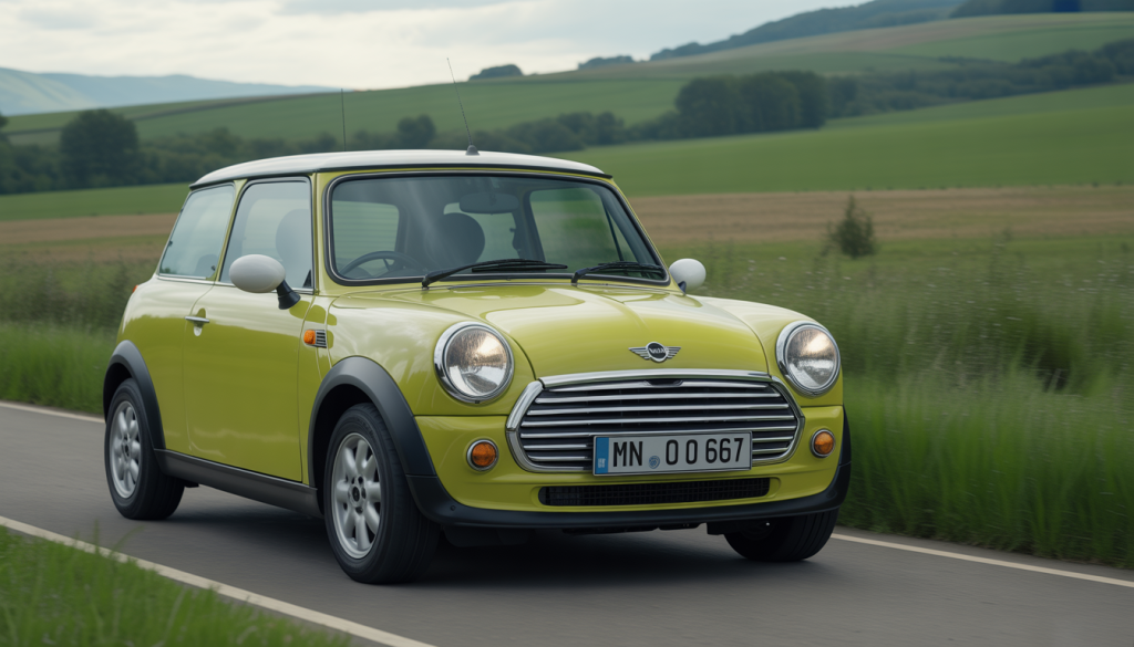 Voiture Mini One 1.6 sur une route de campagne, style photoréaliste