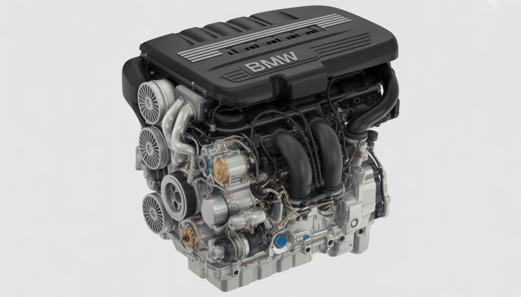Vue en coupe photoréaliste du moteur BMW N57 avec six cylindres en ligne, turbocompresseurs et système Valvetronic