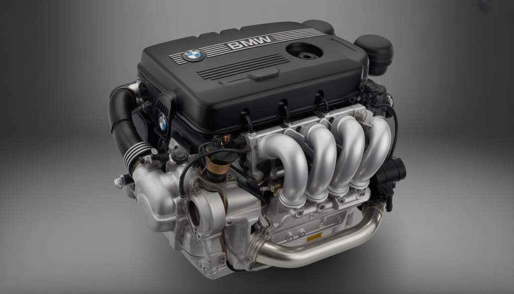 Gros plan du moteur BMW B38 3 cylindres avec bobines d’allumage et collecteur d’échappement visibles