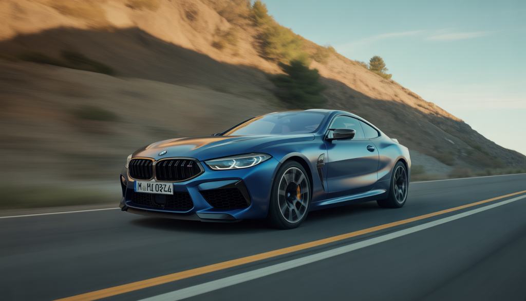 BMW M8 Competition Coupé roulant sur une route de montagne avec flou de mouvement