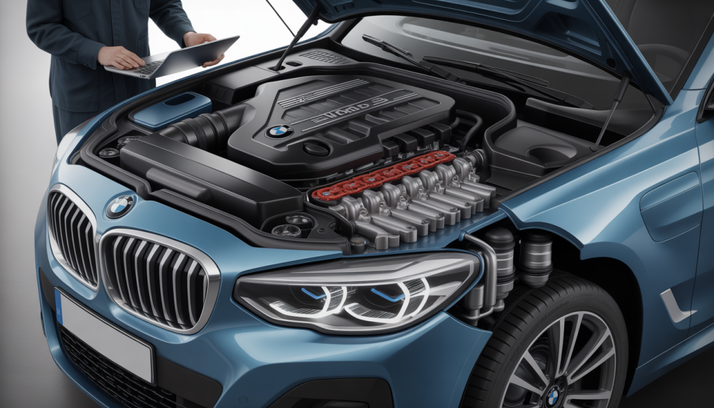 Vue coupée du moteur BMW 20d avec chaîne de distribution rouge et fuite d'huile