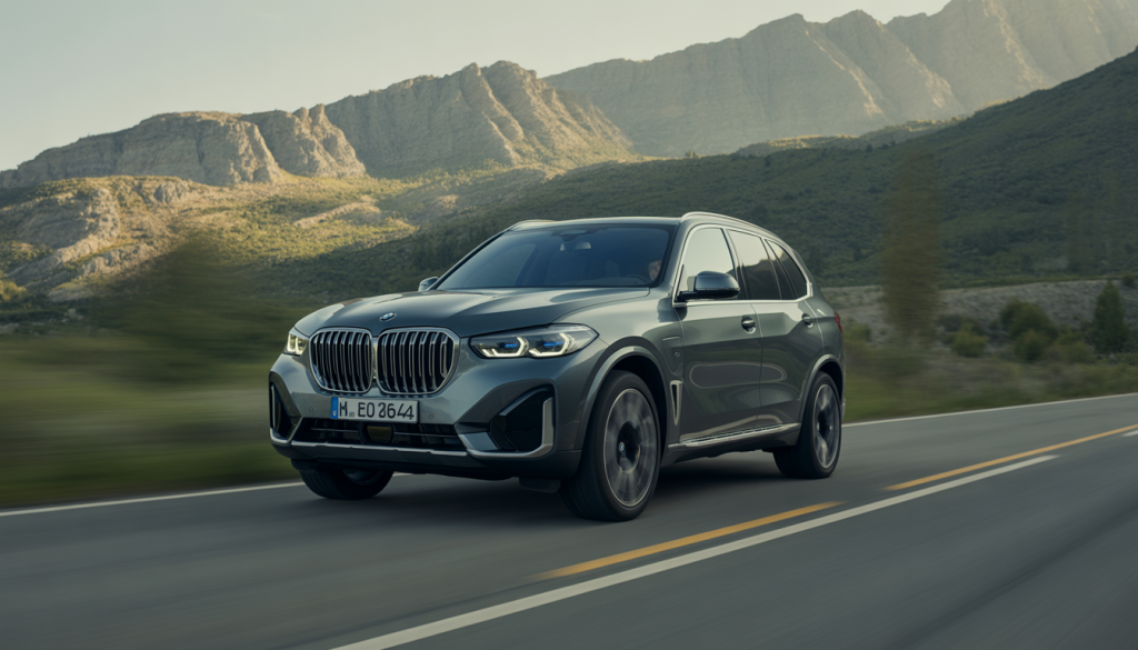 BMW X5 E70 roulant sur une route pittoresque avec flou de mouvement