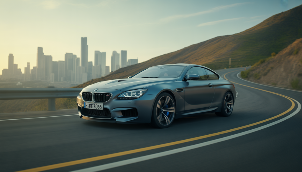 BMW M6 Coupé photoréaliste sur route de montagne avec skyline
