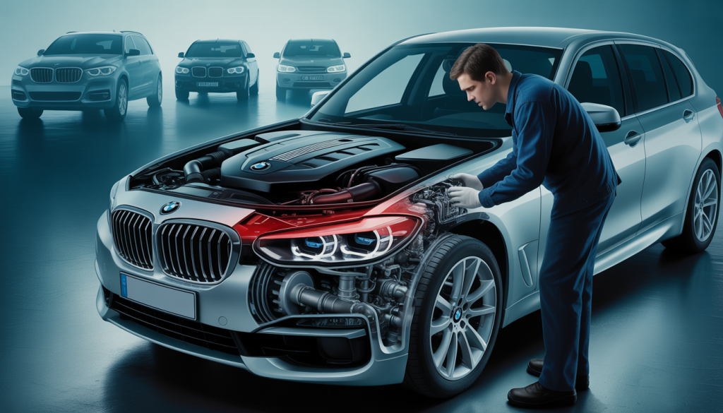 Moteur BMW en coupe avec pièces défectueuses en surbrillance et mécanicien inquiet