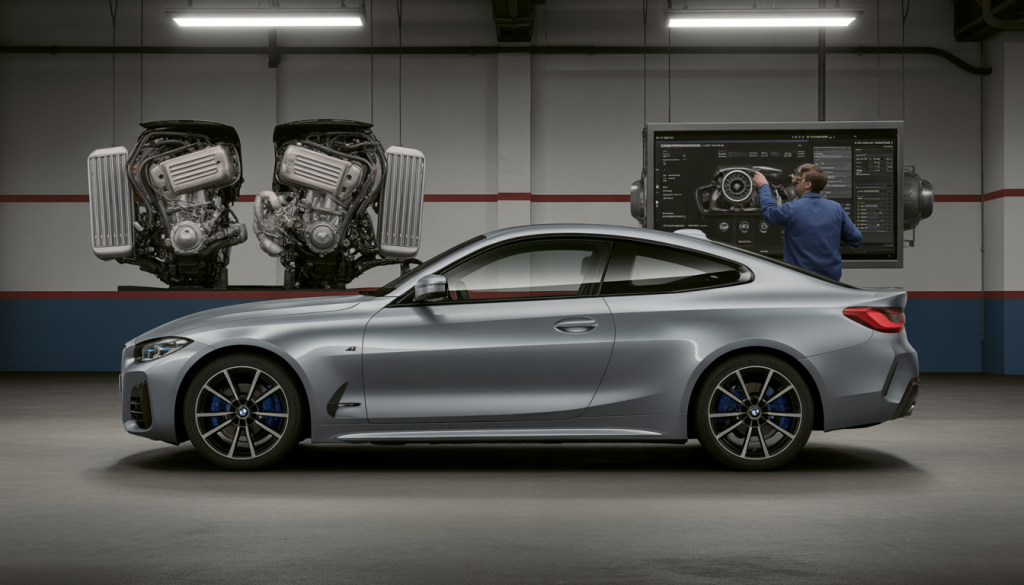 Vue latérale d'une BMW Série 4 dans un garage avec moteurs exposés