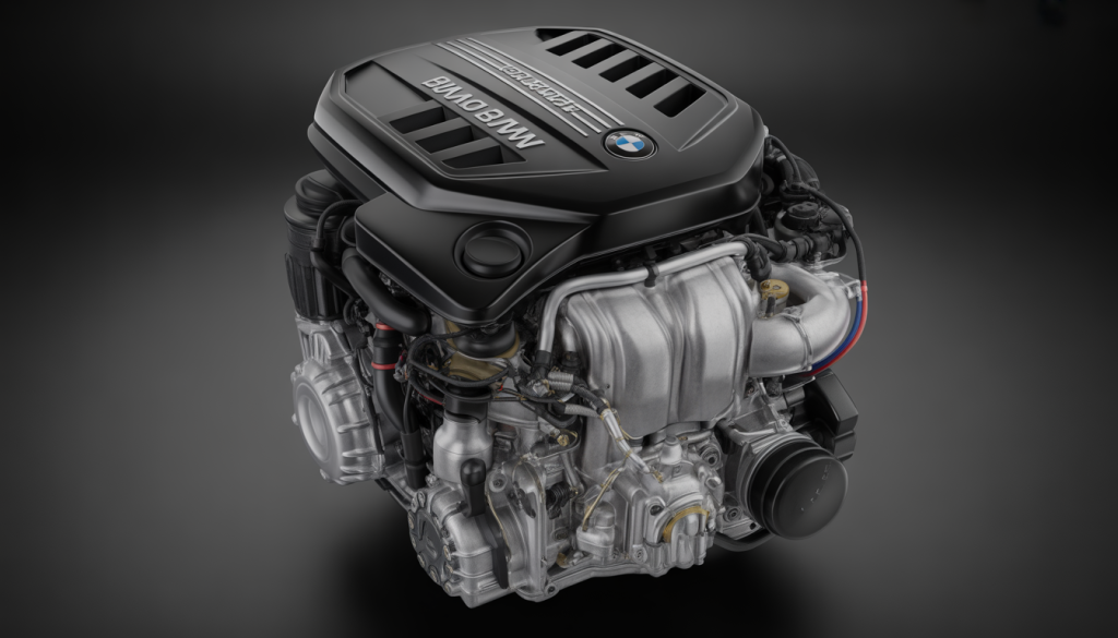 Gros plan photoréaliste d’un moteur BMW avec composants hybrides