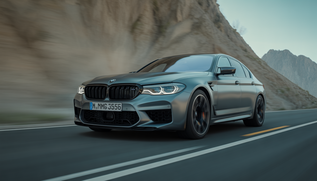 BMW M5 Competition photographiée sur une route de montagne avec flou de mouvement