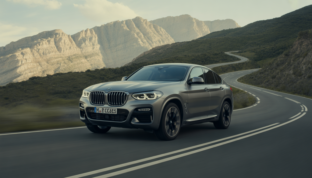 BMW X4 roulant sur une route de montagne avec moteurs exposés