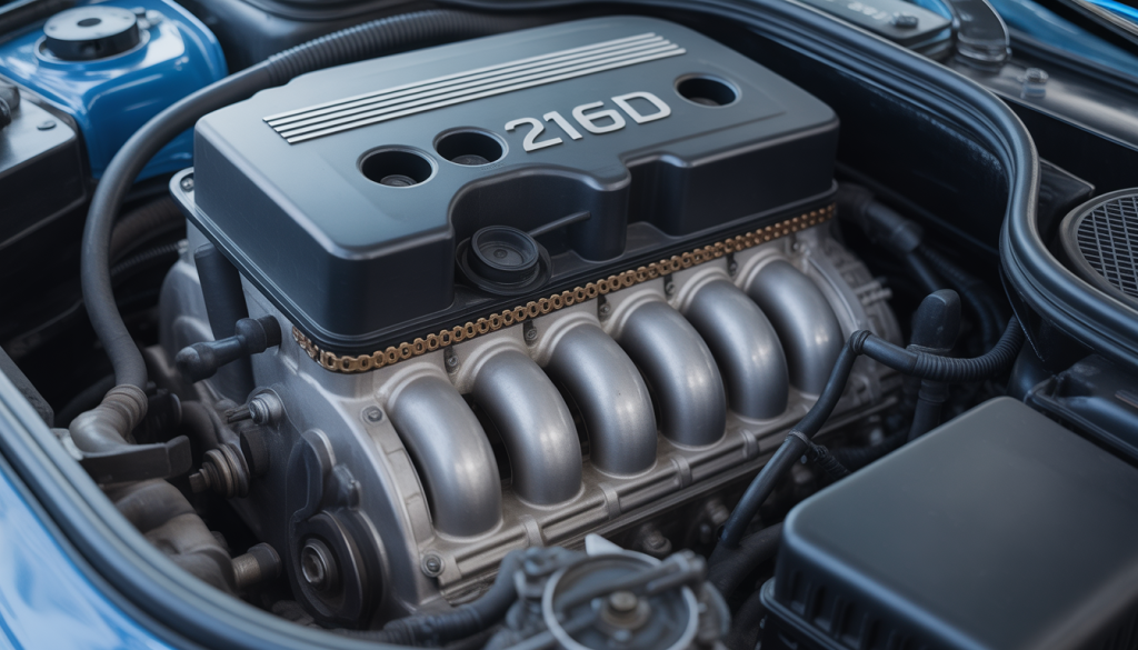 Gros plan du moteur diesel 3 cylindres BMW 216d avec focus sur la vanne EGR et la chaîne de distribution