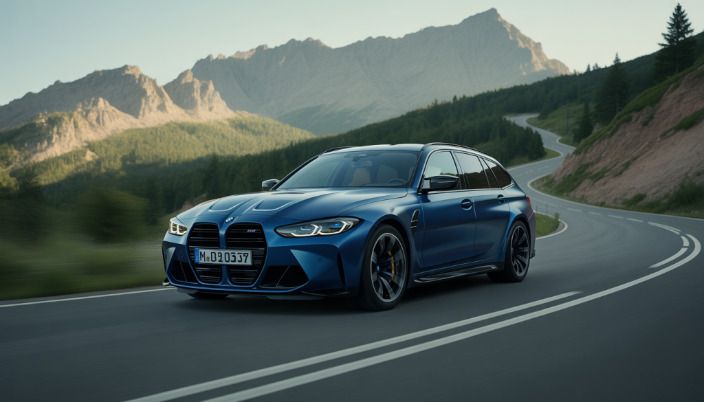 BMW M3 Touring photoréaliste sur route de montagne avec phares LED et jantes M