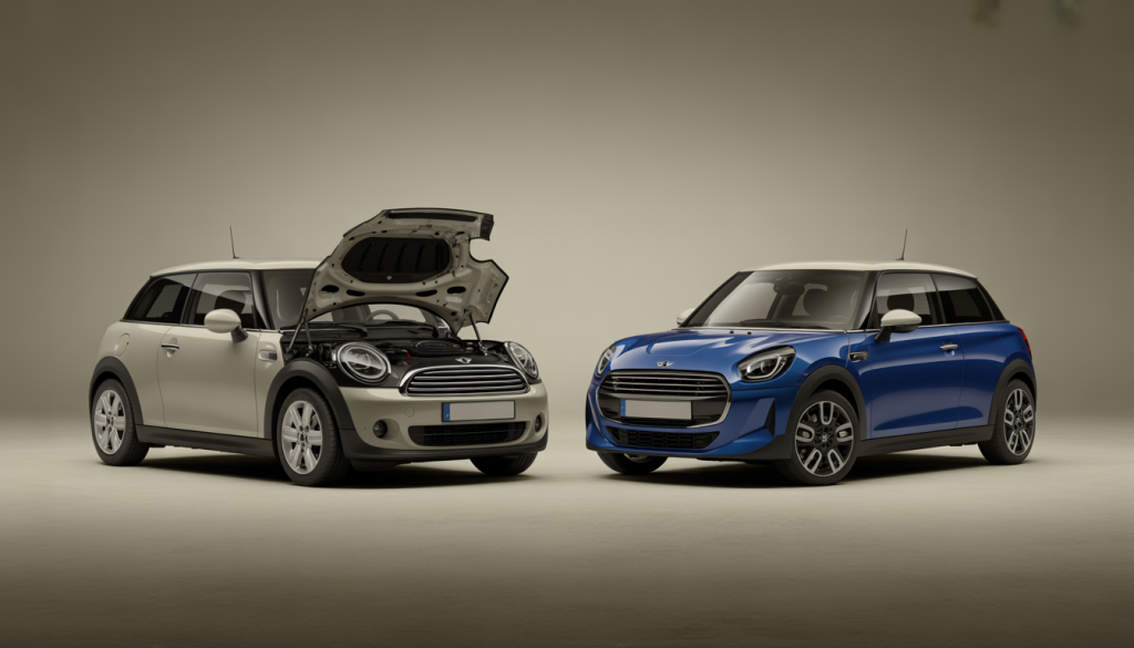 Deux Mini Coopers, l'une avec moteur BMW, l'autre Peugeot, dans un garage