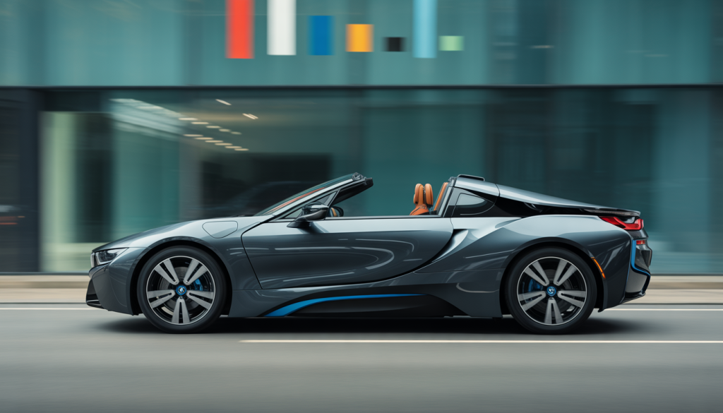Vue trois-quarts d'une BMW i8 Roadster 2025 noire brillante dans un environnement urbain avec des symboles financiers flous en arrière-plan