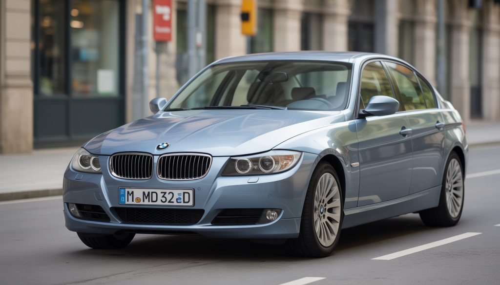 Vue avant trois-quarts d'une BMW Série 3 E90 320d gris métallisé en ville