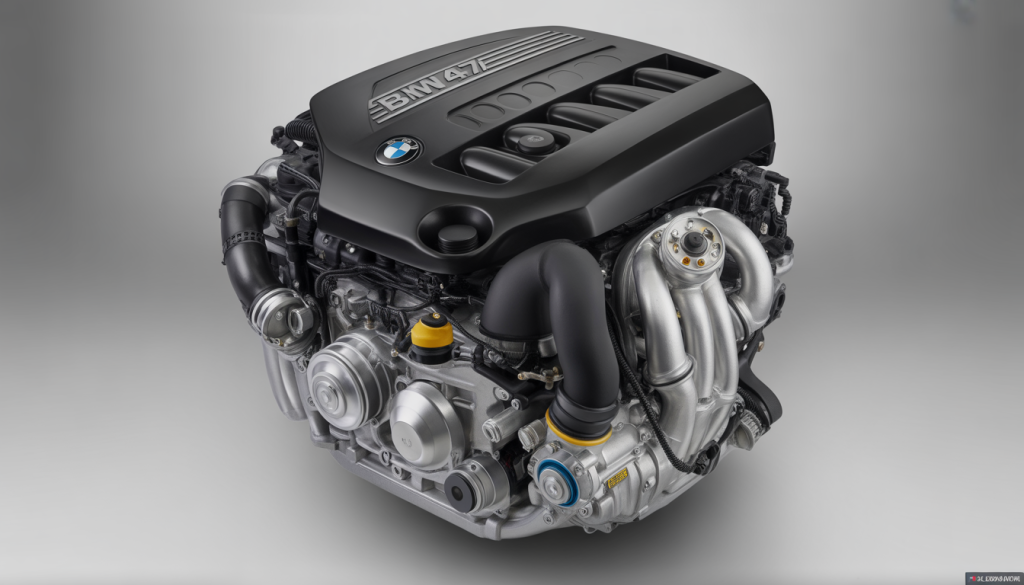 Gros plan du moteur diesel BMW B47 avec turbo et chaîne renforcée