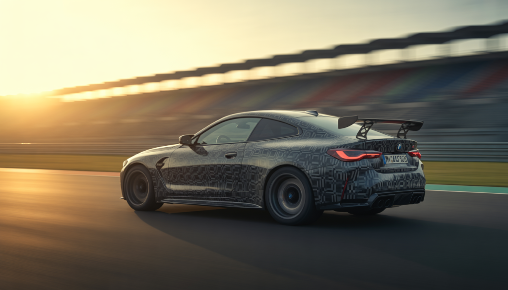 BMW M4 Coupé sur un circuit au coucher du soleil avec flou de mouvement