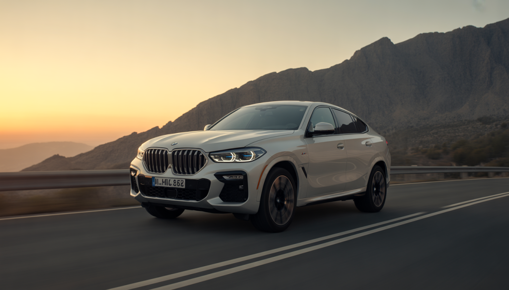 BMW X6 M Sport roulant sur une route de montagne au coucher du soleil